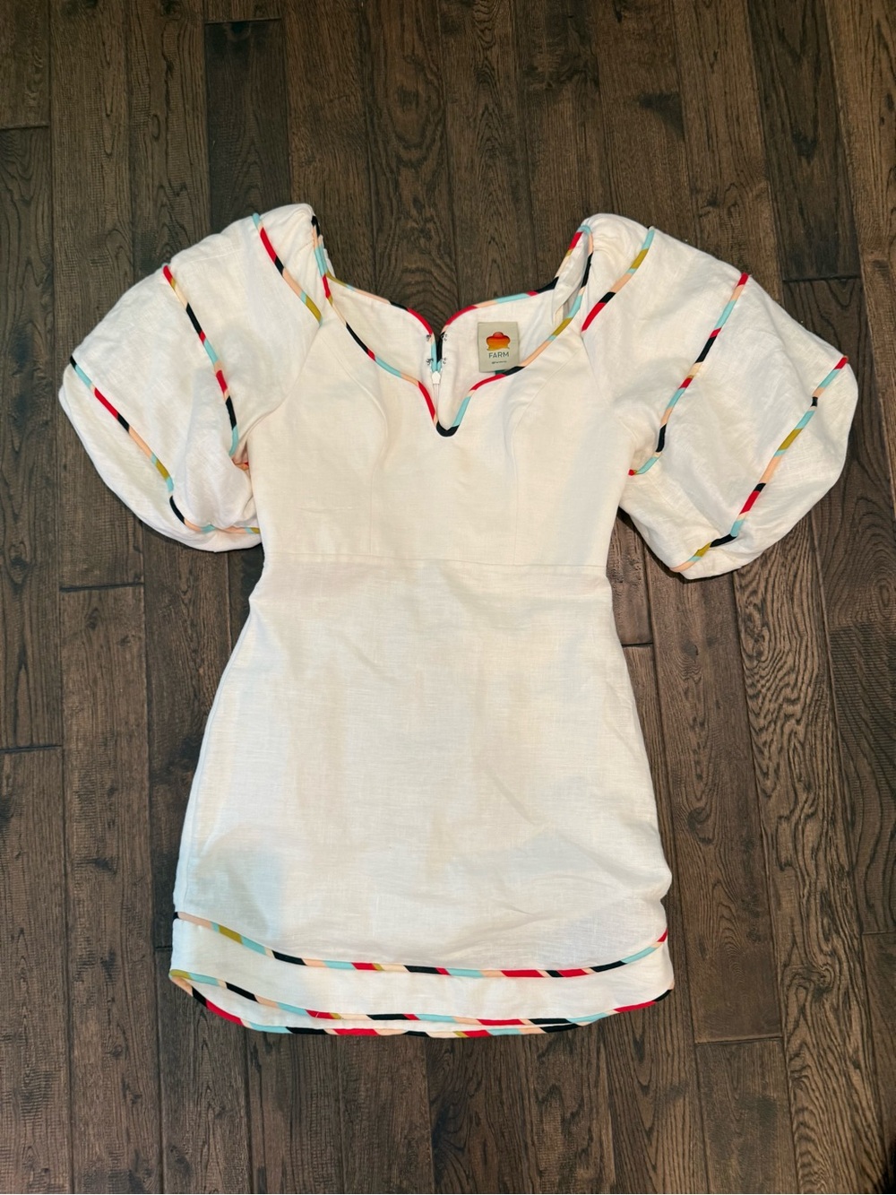 FARM Rio White Puff Sleeve Mini Dress with Multicolor Trim